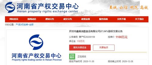 河南農投產業投資公司擬轉讓鑫福油脂食品27.84%股權，掛牌價1100萬元